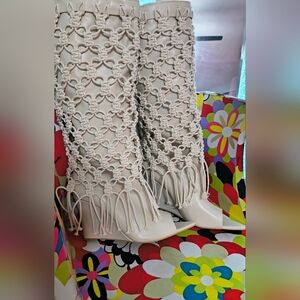 Elegant Cream Wedge-High Boots